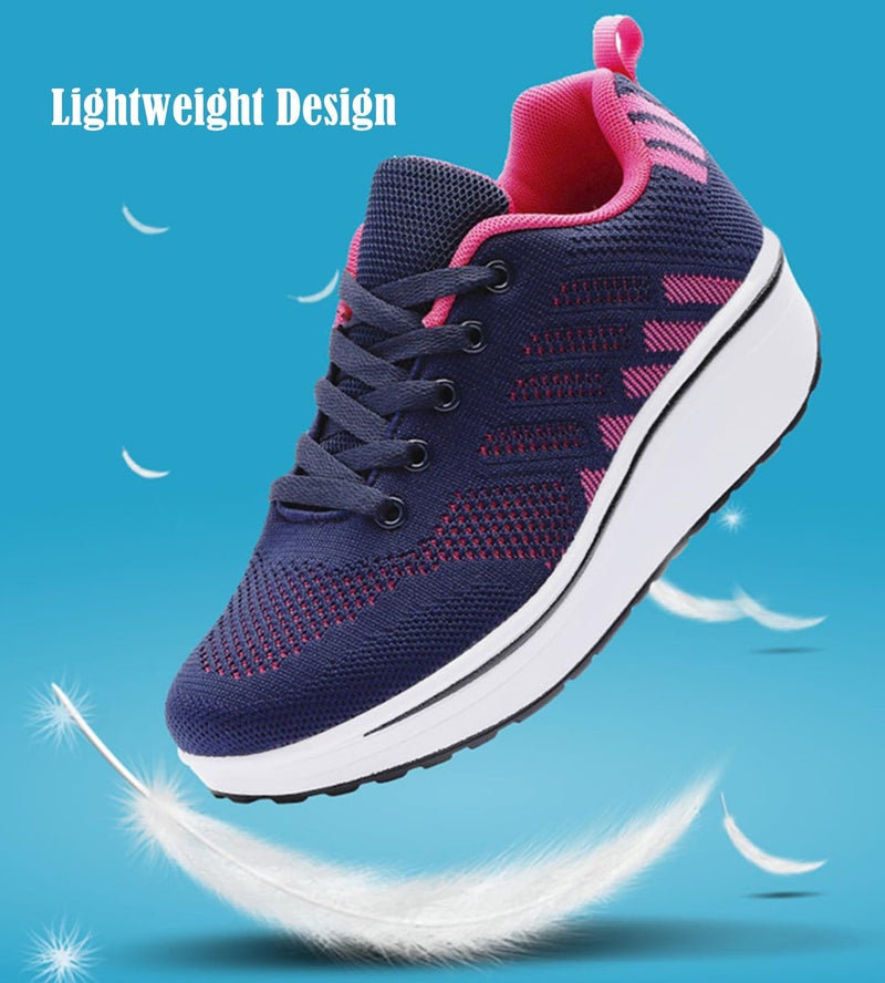 DADAWEN Women's Slip On Breathable Mesh Walking Tennis Shoes Lightweight Comfort Wedge Platform Casual Sneakers for Gym Travel Work Navy/Hot Pink US Size 5 - Image 3